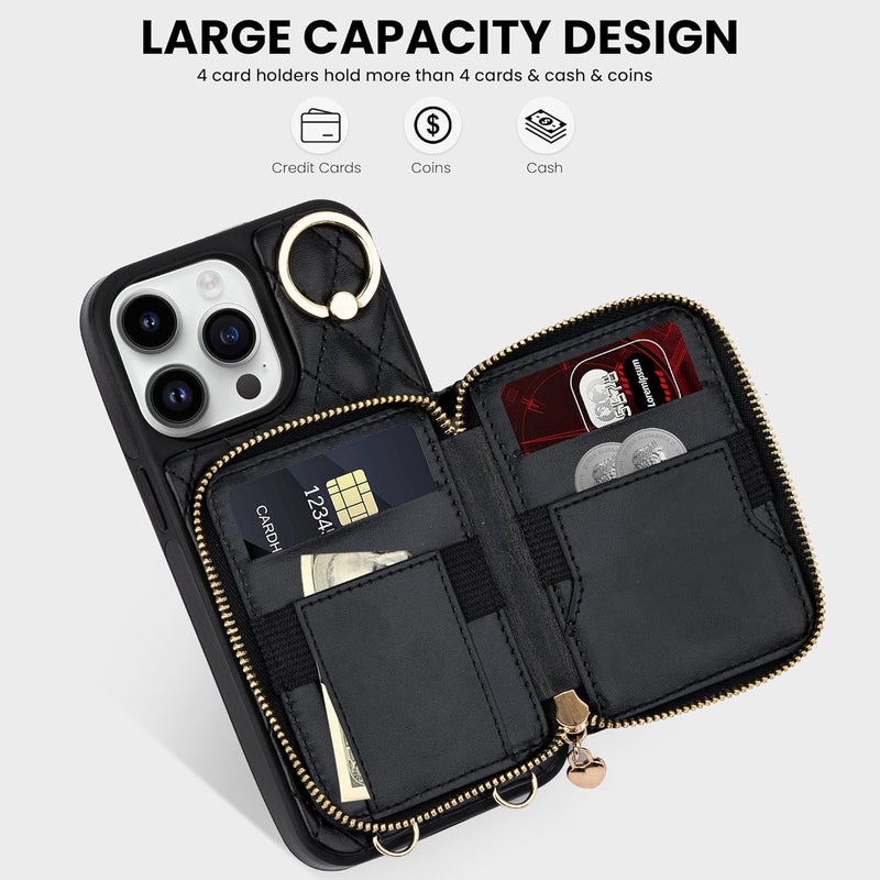 Keallce Case for iPhone 14 Pro Max 6.7'' Wallet Case, Crossbody Zipper Purse Handbag Wristlet for Women, RFID Blocking Card Holders, 360° Ring Kickstand Flip Leather Cover for iPhone 14 Pro Max, Black - Image 2